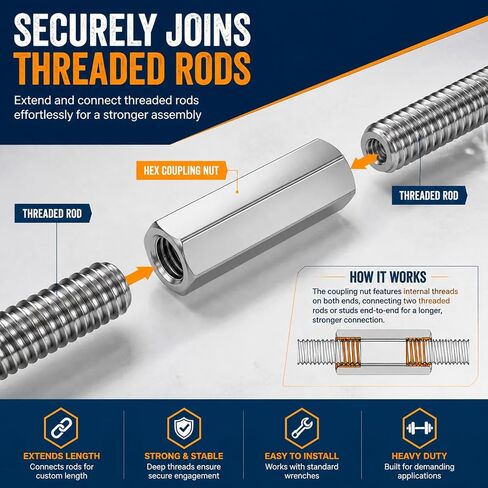 8 Pack 3/8"-16 Hex Coupling Nuts, Carbon Steel Threaded Rod Extension, Structural Fastening for Furniture & Machinery Assembly Systems in Kuwait