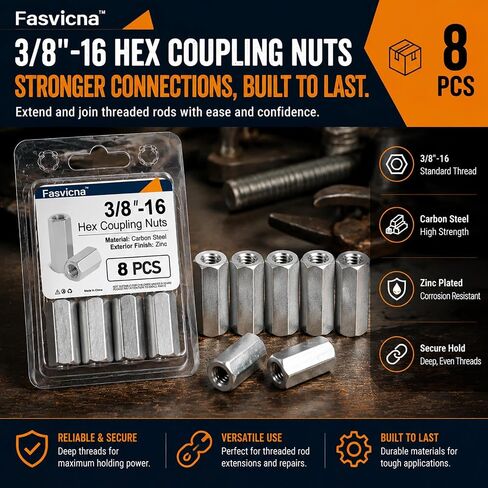 8 Pack 3/8"-16 Hex Coupling Nuts, Carbon Steel Threaded Rod Extension, Structural Fastening for Furniture & Machinery Assembly Systems in Kuwait