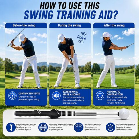 HRUIYL Retractable Golf Swing Trainer, Golf Grip Trainer, Golf Training Aid for Warm-Up, Golf Swing Training Aid, Grip Trainer Golf Club, Strength & Tempo Training for Chipping Hitting in Kuwait