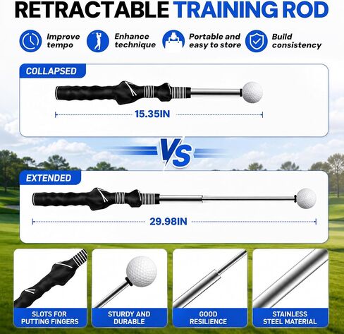 HRUIYL Retractable Golf Swing Trainer, Golf Grip Trainer, Golf Training Aid for Warm-Up, Golf Swing Training Aid, Grip Trainer Golf Club, Strength & Tempo Training for Chipping Hitting in Kuwait