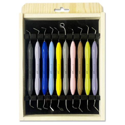 LM Arte Dental Composite Filling Instruments Set of 10 – Silicone Handle Restorative & Composite Modeling Tools with Wooden Storage Box and Removable Mirror Cover in Kuwait