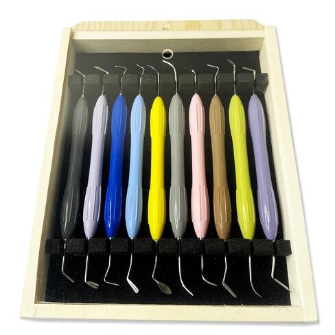 LM Arte Dental Composite Filling Instruments Set of 10 – Silicone Handle Restorative & Composite Modeling Tools with Wooden Storage Box and Removable Mirror Cover in Kuwait