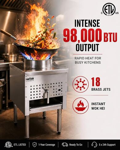 WantJoin Commerical Chinese Wok Range - ETL 13" 1 Hole Chinese Wok Burner, 98,000 BTU, NG/LPG Powered, 18 Tips Jet Burner, Stainless Steel Wok Stove For Asian Chinese Stir Fry Commercial Cooking in Kuwait
