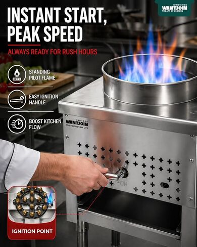 WantJoin Commerical Chinese Wok Range - ETL 13" 1 Hole Chinese Wok Burner, 98,000 BTU, NG/LPG Powered, 18 Tips Jet Burner, Stainless Steel Wok Stove For Asian Chinese Stir Fry Commercial Cooking in Kuwait