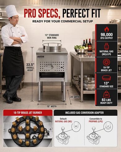 WantJoin Commerical Chinese Wok Range - ETL 13" 1 Hole Chinese Wok Burner, 98,000 BTU, NG/LPG Powered, 18 Tips Jet Burner, Stainless Steel Wok Stove For Asian Chinese Stir Fry Commercial Cooking in Kuwait
