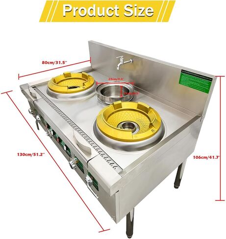 Commercial Stove Chinese Gas Wok Range Burner 85300 BTU Heavy-duty Stainless Steel Cooker Liquefied & Natural Gas Compatible Double Stove with Water Basin for Chinese Cooking 110V in Kuwait