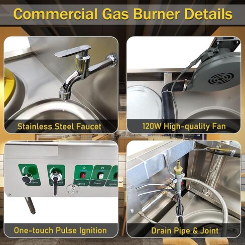 Commercial Stove Chinese Gas Wok Range Burner 85300 BTU Heavy-duty Stainless Steel Cooker Liquefied & Natural Gas Compatible Double Stove with Water Basin for Chinese Cooking 110V in Kuwait