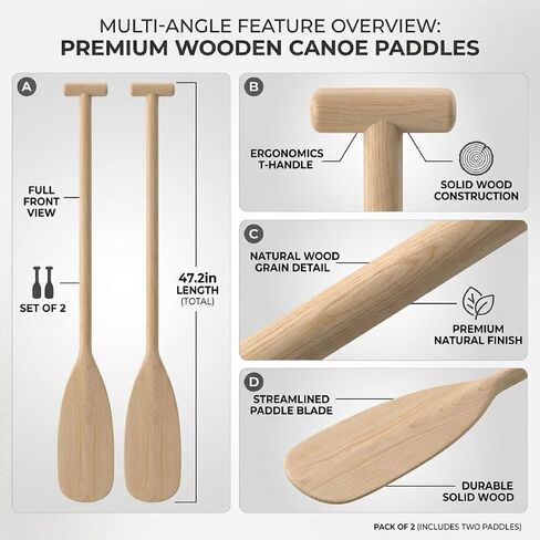 Wood Canoe Paddle 2 Pack, 4FT Double Sided Kayak Paddles for Adults Unfinished Wooden in Kuwait
