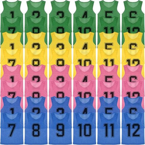 M-Aimee 48 Pcs Youth Pinnies - Mesh Basketball Team Practice Jersey - Numbered Soccer Scrimmage Vest for Sports (Green/Yellow/Pink/Blue) in Kuwait