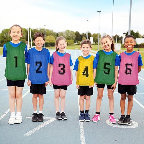 M-Aimee 48 Pcs Youth Pinnies - Mesh Basketball Team Practice Jersey - Numbered Soccer Scrimmage Vest for Sports (Green/Yellow/Pink/Blue) in Kuwait