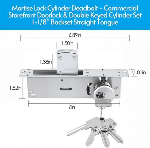 UpjiaFlarish Mortise Lock Cylinder Deadbolt - أقفال الأبواب التجارية قفل باب واجهة المتجر ومجموعة أسطوانة مزدوجة المفاتيح 1-1/8 بوصة لسان مستقيم خلفي لأمن المنزل مع 5 مفاتيح in Kuwait