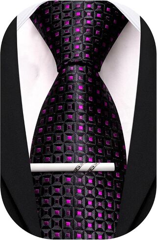 Barry.Wang Plaid Ties Mens Silk Necktie and Tie Clip Checkered Tie for Wedding Party Business Formal in Kuwait