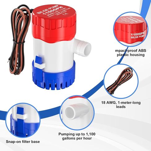 12v 1100gph Boat Bilge Pump, Bilge Pumps for Boats, Submersible Boat Bilge Water Pump, 1-1/8" Outlet, Non-Automatic Marine for Ponds, Pools, Spas Silent, Boat Caravan RV Submersible in Kuwait