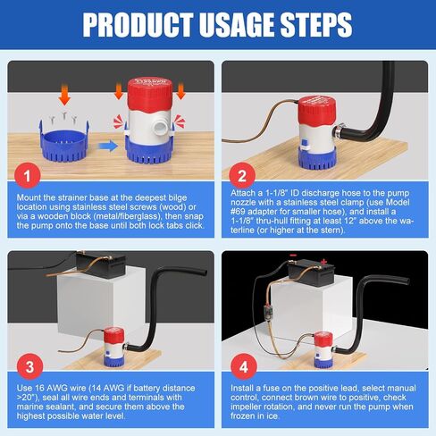 12v 1100gph Boat Bilge Pump, Bilge Pumps for Boats, Submersible Boat Bilge Water Pump, 1-1/8" Outlet, Non-Automatic Marine for Ponds, Pools, Spas Silent, Boat Caravan RV Submersible in Kuwait