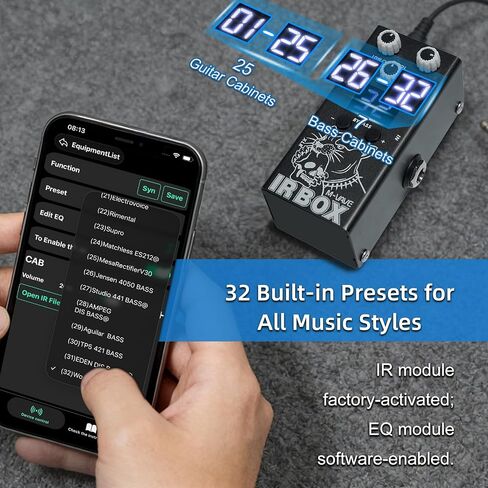 دواسة تأثيرات الجيتار/الباس من M-VAVE IRBOX، محاكاة مكبر الصوت مع 32 إعدادًا مسبقًا، محاكي كابينة الأشعة تحت الحمراء، رقمي، 9 فولت، أسود مع تطبيق in Kuwait