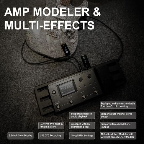 AUDOTA AME-200 Pro Guitar Multi Effects Processor with Amp Modelling, Reverb, Delay, Looper, Drum Machine, 4 Footswitches, Expression Pedal, USB OTG Recording, MNRS GNR & GIR Loader in Kuwait