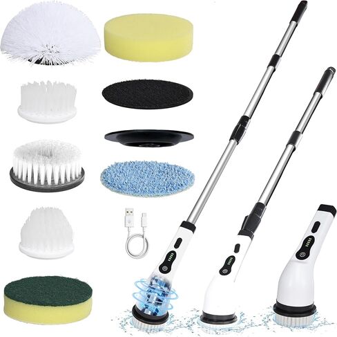 Electric Spin Scrubber Shower Cleaner Brush Cordless Power Cleaning 8 Brush Heads Extendable Handle 3 Adjustable 2 Speeds IPX7 Waterproof for Bathroom Kitchen in Kuwait