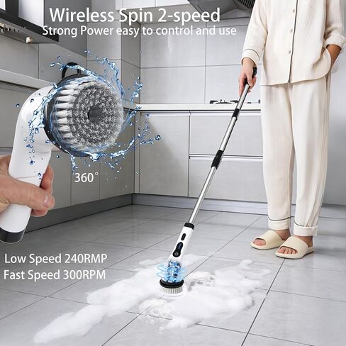 Electric Spin Scrubber Shower Cleaner Brush Cordless Power Cleaning 8 Brush Heads Extendable Handle 3 Adjustable 2 Speeds IPX7 Waterproof for Bathroom Kitchen in Kuwait