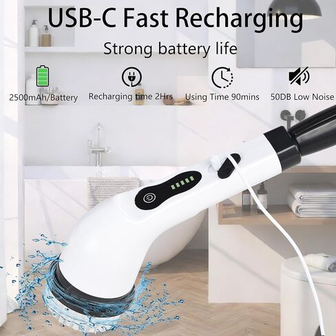 Electric Spin Scrubber Shower Cleaner Brush Cordless Power Cleaning 8 Brush Heads Extendable Handle 3 Adjustable 2 Speeds IPX7 Waterproof for Bathroom Kitchen in Kuwait