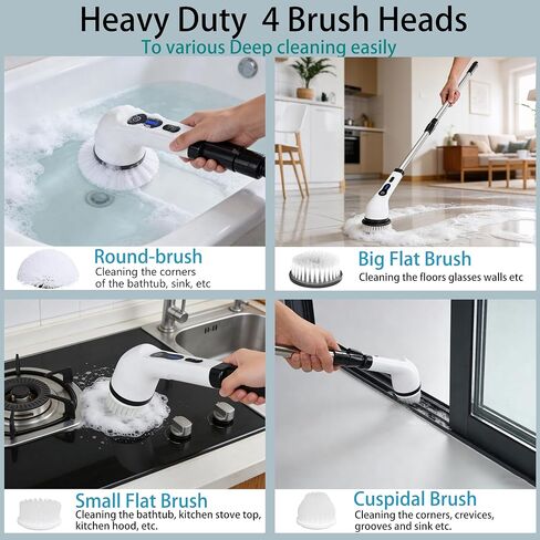 Electric Spin Scrubber Shower Cleaner Brush Cordless Power Cleaning 8 Brush Heads Extendable Handle 3 Adjustable 2 Speeds IPX7 Waterproof for Bathroom Kitchen in Kuwait
