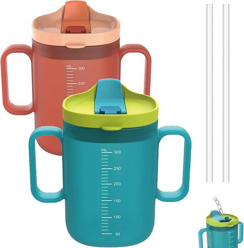 Adult Sippy Cups for Elderly, 11 oz Plastic Spill Proof Cups with 2 Handles Straw and Lid for Adults Hospital Disabled Dysphagia Patients 2 Pack in Kuwait