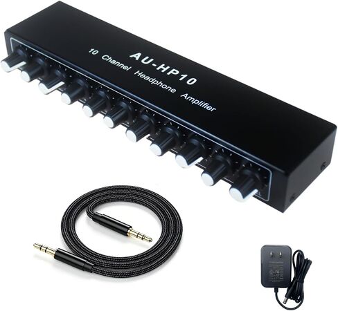 10 Channel Headphone Amplifier, 1 Input 10 Output Audio Splitter | Independent volume controls, includes 12V adapter and 3.5mm cable, for studio stage rehearsal podcast in Kuwait