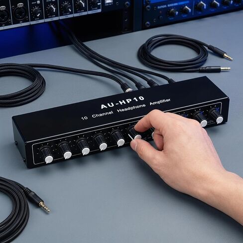 10 Channel Headphone Amplifier, 1 Input 10 Output Audio Splitter | Independent volume controls, includes 12V adapter and 3.5mm cable, for studio stage rehearsal podcast in Kuwait