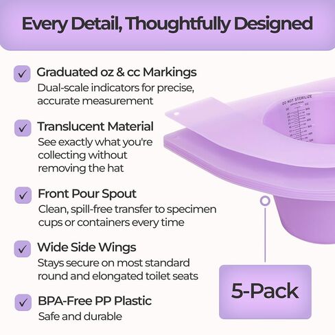 Bright Standards Urine Collection Hat for Toilet, 5-Pack Purple – Specimen Collector with 800cc Measurement Markings, Fits Most Standard Round & Elongated Seats in Kuwait