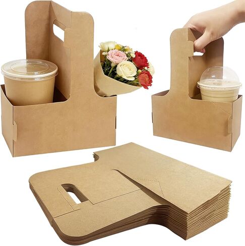 20 Pcs Coffee Drink Carrier with Handle (2 Cups or 4 Cups),Disposable Paper Cup Drink Holder,Assemblable to go Cup Holders for Drinks Food Delivery in Kuwait