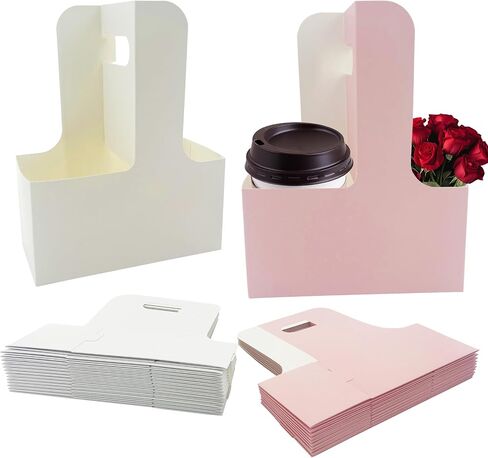 30 Pcs Coffee Drink Carrier with Handle(2 Cups or 4 Cups),Assemblable Drink Holder with Handle,Disposable Cup Holders for Drinks, Great for All Your Drink and Food Delivery,Coffee Carrier（White,Pink） in Kuwait