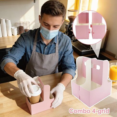 30 Pcs Coffee Drink Carrier with Handle(2 Cups or 4 Cups),Assemblable Drink Holder with Handle,Disposable Cup Holders for Drinks, Great for All Your Drink and Food Delivery,Coffee Carrier（White,Pink） in Kuwait