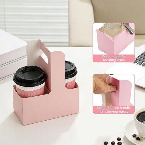 30 Pcs Coffee Drink Carrier with Handle(2 Cups or 4 Cups),Assemblable Drink Holder with Handle,Disposable Cup Holders for Drinks, Great for All Your Drink and Food Delivery,Coffee Carrier（White,Pink） in Kuwait