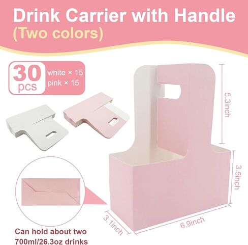 30 Pcs Coffee Drink Carrier with Handle(2 Cups or 4 Cups),Assemblable Drink Holder with Handle,Disposable Cup Holders for Drinks, Great for All Your Drink and Food Delivery,Coffee Carrier（White,Pink） in Kuwait
