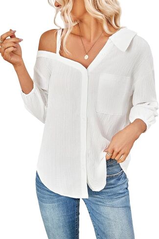 MakeMechic Women's Summer Tops Tops Button Button Down Long Long Sould Office Blouse in Kuwait