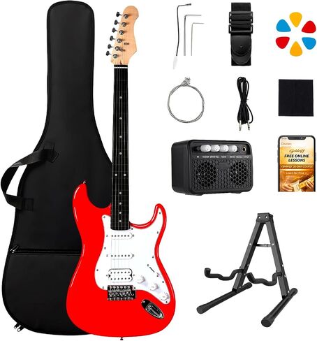 39in Full Size Electric Guitar Starter Kit, Solid Body Electric Guitar Set for Beginners with 10W BT Amp, Stand, Gig Bag, Strap, Strings, Tremolo Bar, 6 Picks and Online Lessons (Pink) in Kuwait