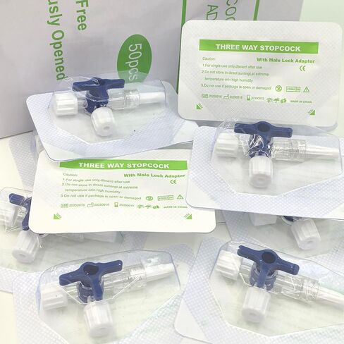 50PCS 3-Way Stopcocks with Luer Connection, Sterile Individually Packed, Flexible Extension Tube for Fluid Control, Home DIY and Laboratory Use in Kuwait