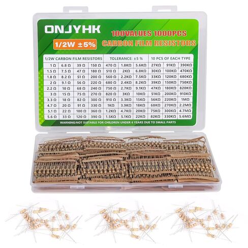 100Values 1000PCS 1/2W Resistor Kit Carbon Film Resistors Assortment 1 Ohm to 5.6M Ohm 1/2Watt 5% Resistencia Eléctrica Assorted Set in Kuwait