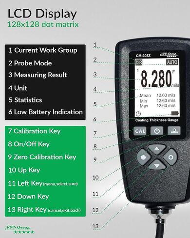 Coating Thickness Gauge CM-208Z – 0-3000µm (0-120 mils) Industrial Paint Thickness Meter, 0.001mil Resolution, External Probe, Fe/NFe Auto Detection, USB Data Export in Kuwait