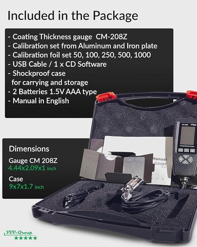 Coating Thickness Gauge CM-208Z – 0-3000µm (0-120 mils) Industrial Paint Thickness Meter, 0.001mil Resolution, External Probe, Fe/NFe Auto Detection, USB Data Export in Kuwait