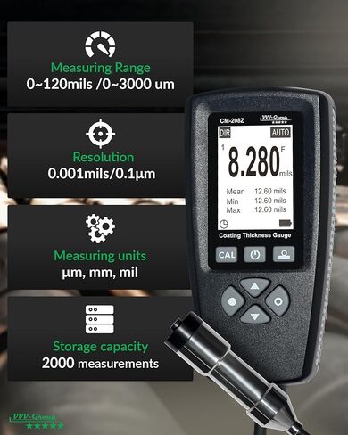 Coating Thickness Gauge CM-208Z – 0-3000µm (0-120 mils) Industrial Paint Thickness Meter, 0.001mil Resolution, External Probe, Fe/NFe Auto Detection, USB Data Export in Kuwait