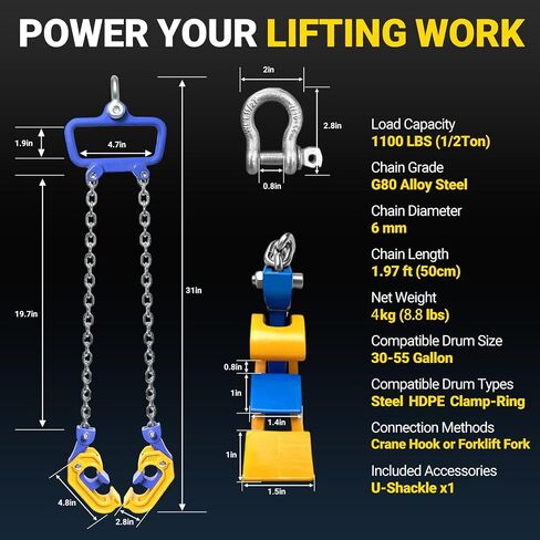 Chain Drum Lifter, 1 Ton Capacity, for 30-55 Gallon Steel and Plastic Drums, with Self-Locking Safety Hooks, Galvanized G80 Lifting Chain, Forklift and Crane Compatible in Kuwait