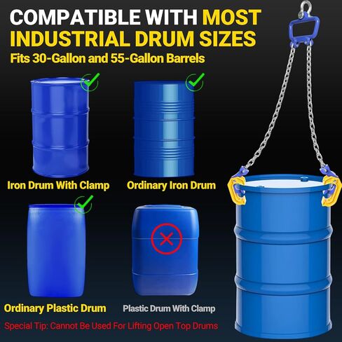 Chain Drum Lifter, 1 Ton Capacity, for 30-55 Gallon Steel and Plastic Drums, with Self-Locking Safety Hooks, Galvanized G80 Lifting Chain, Forklift and Crane Compatible in Kuwait