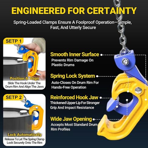 Chain Drum Lifter, 1 Ton Capacity, for 30-55 Gallon Steel and Plastic Drums, with Self-Locking Safety Hooks, Galvanized G80 Lifting Chain, Forklift and Crane Compatible in Kuwait