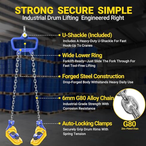 Chain Drum Lifter, 1 Ton Capacity, for 30-55 Gallon Steel and Plastic Drums, with Self-Locking Safety Hooks, Galvanized G80 Lifting Chain, Forklift and Crane Compatible in Kuwait