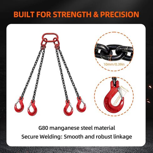 3 Ton (6,600 LBS) Chain Sling, 5/16" x 5' 2-Leg Lifting Chain with Grab Hooks, G80 Load Rated for Hoisting, Lifting & Rigging (5/16" x 5' - 4 Leg) in Kuwait
