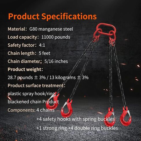 3 Ton (6,600 LBS) Chain Sling, 5/16" x 5' 2-Leg Lifting Chain with Grab Hooks, G80 Load Rated for Hoisting, Lifting & Rigging (5/16" x 5' - 4 Leg) in Kuwait
