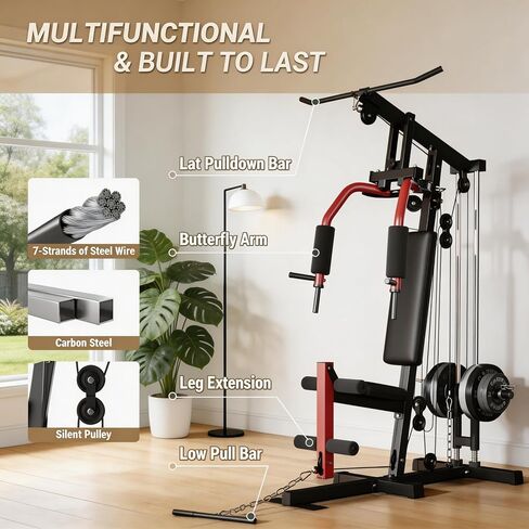 Full Body Workout Machine - 5-in-1 Home Gym Equipment with LAT Pulldown, Chest Press, Leg Extension & Seated Row, 300LB Capacity Strength Training Station, Fits 1" & 2" Weight Plates (Not Included) in Kuwait