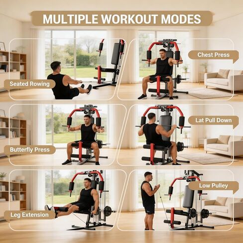 Full Body Workout Machine - 5-in-1 Home Gym Equipment with LAT Pulldown, Chest Press, Leg Extension & Seated Row, 300LB Capacity Strength Training Station, Fits 1" & 2" Weight Plates (Not Included) in Kuwait
