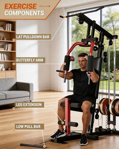 Full Body Workout Machine - 5-in-1 Home Gym Equipment with LAT Pulldown, Chest Press, Leg Extension & Seated Row, 300LB Capacity Strength Training Station, Fits 1" & 2" Weight Plates (Not Included) in Kuwait