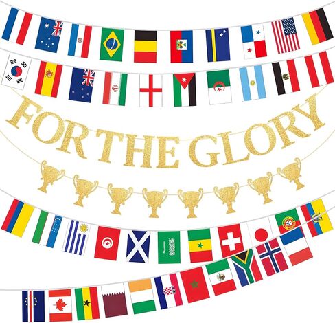 مجموعة راية كرة القدم من FOR THE GLORY وعلم الدولة - ديكورات حفلات بطولة العالم 2026 - خلفية ذهبية لامعة معلقة لاحتفالات كرة القدم الدولية - مثبتة مسبقًا in Kuwait